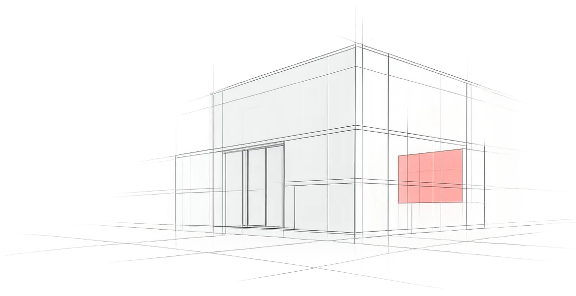 Architektonische Skizze eines Gebäudes mit Brandschutzkennzeichnung