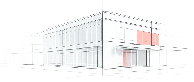 Architektonische Skizze mit Dokumenten und Gebäude