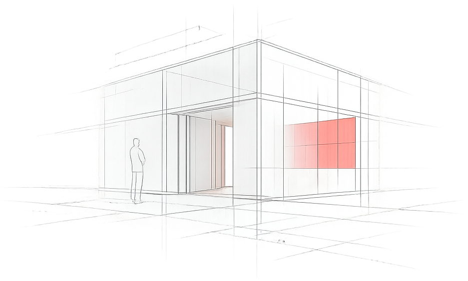 Architektonische Skizze mit Person und Gebäude